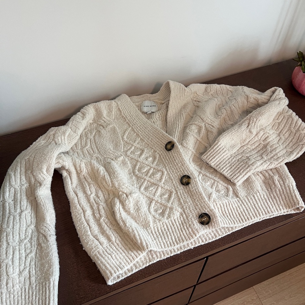 Pink Rose Cream Cable Knit Cardigan